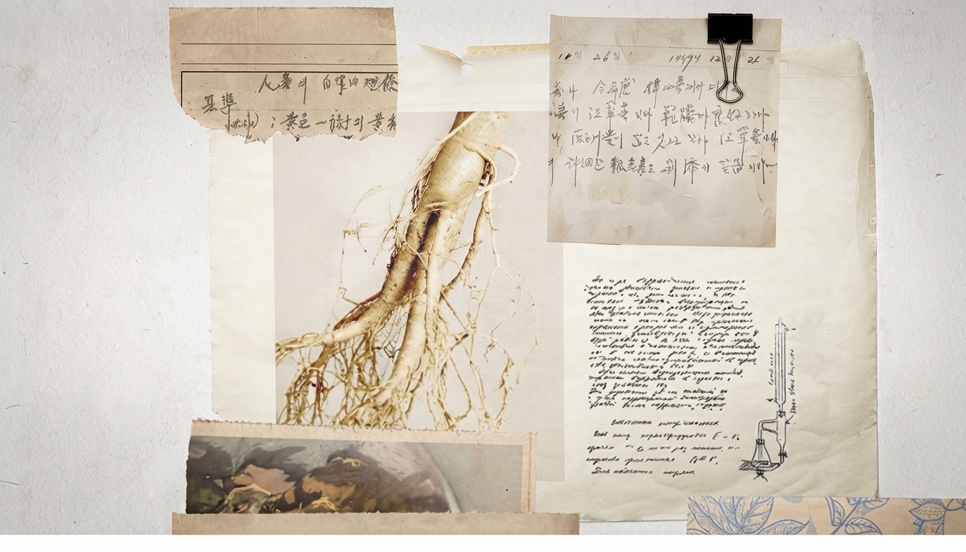 Historical ginseng research documents and root specimen